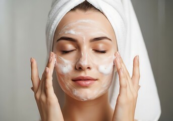 Young Woman Cleansing Face with Foaming Wash in Bathroom