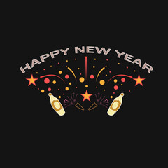 Happy new year celebration with champagne bottles and fireworks on black background