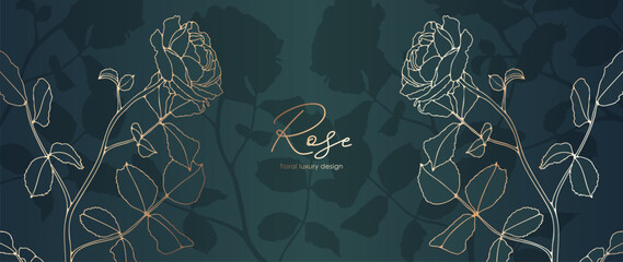 Luxury gold floral background vector. Golden gradient Roses flower line art wallpaper design.