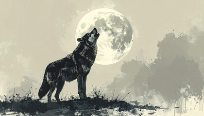 Two wolves howling at a full moon