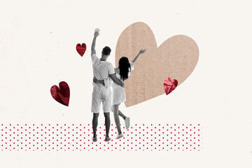 Zine image pop photo collage of two happy girl guy hug together heart icon valentine day occasion...