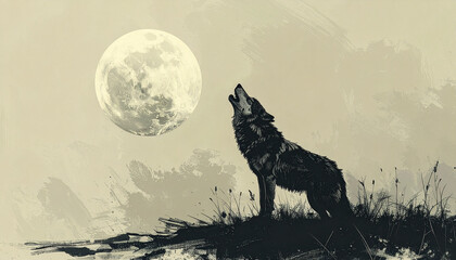 Two wolves howling at a full moon