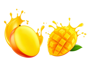 Mango fruit with flowing juice burst in mid-air isolated on transparent background