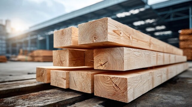 Stack of freshly cut lumber ready for construction projects and building