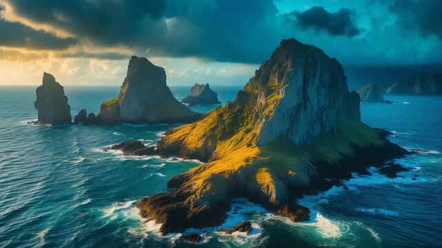 Aerial view of rugged coastal landscape with towering rock formations and vibrant greenery along the shores illuminated by dramatic sunlight and cloud patterns during sunset
