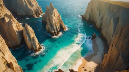 Aerial view of rugged coastal cliffs with jagged rock formations rising from turquoise waters sandy beach below dramatic natural landscape illuminated by golden light peaceful ocean waves gently - Powered by Adobe