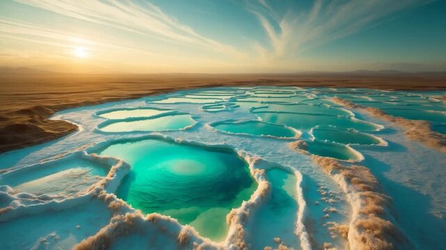 Aerial view of vibrant turquoise saline lakes with intricate white salt formations under a soft sunset sky showcasing the shifting patterns and colors of nature in a serene landscape