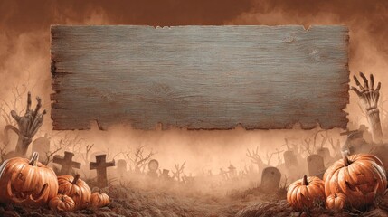 Spooky Halloween scene with pumpkins, graveyard, and a wooden sign for text