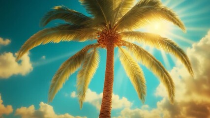 Tall palm tree with lush green fronds swaying gently in soft natural light against a bright blue sky filled with fluffy clouds capturing various angles throughout the day in a tropical beach setting - Powered by Adobe
