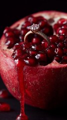 A sparkling diamond ring nestled within ripe, juicy pomegranate seeds, symbolizing elegance and natural beauty.