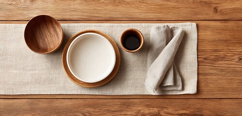 Warm wood table flat lay with minimalist style tableware and folded linen