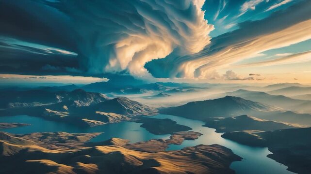 Aerial view of dramatic cloud formations above mountainous landscape with lakes showcasing shifting light and textured cloud patterns during sunset emphasizing the stunning natural beauty and vibrant