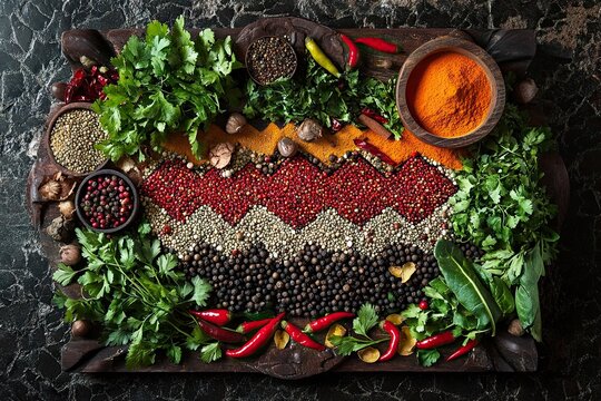 Geometric arrangement of colorful spices in triangular sections surrounded by fresh herbs on dark background