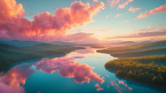 Aerial view of a serene river flowing through lush forests with vibrant green trees and dramatic pink clouds reflecting on the calm water surface during sunset showcasing stunning natural beauty and