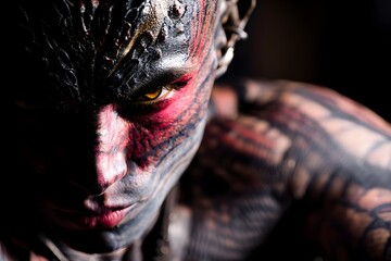 Intense gaze of a humanoid figure with elaborate black and red markings