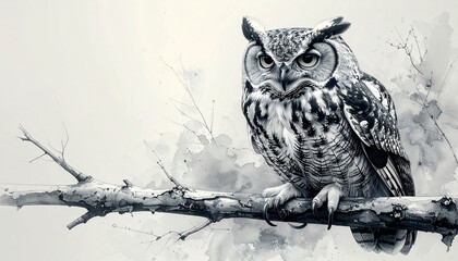 Owl perched on a branch with watercolor background