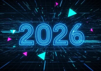Futuristic 2026 new year celebration with glowing neon numbers and geometric shapes on a dark background