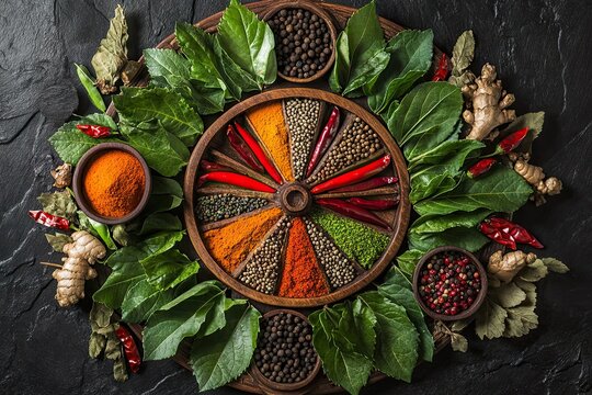 Radial spice wheel with fresh herbs and dried chilies surrounding colorful ground spices on dark wood - Powered by Adobe
