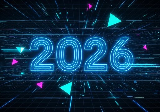 Futuristic 2026 new year celebration with glowing neon numbers and geometric shapes on a dark background