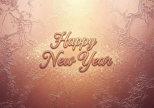 Elegant happy new year greeting with rose gold lettering on a textured metallic background