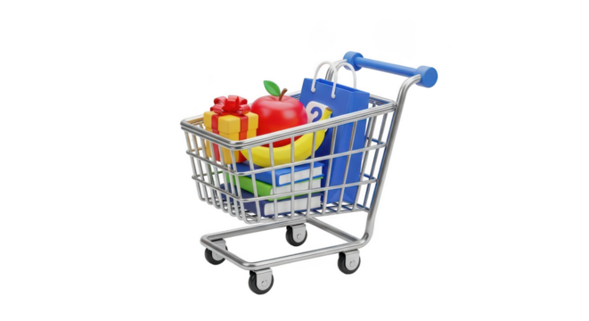 Shopping cart filled with fruits and vegetables. isolated illustration on  transparent background PNG