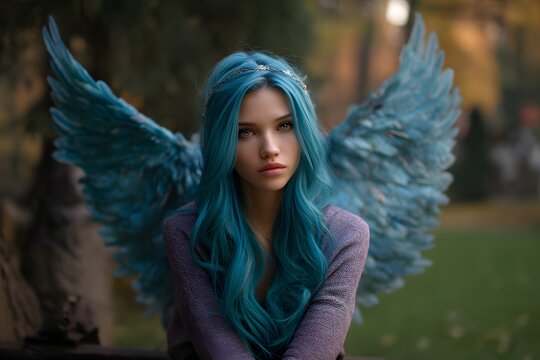 Dreamy fairy with blue wings sits on a bench in an enchanted forest