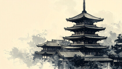 Fototapeta premium Traditional pagodas surrounded by misty landscape