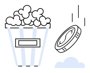 Popcorn bucket full of fluffy kernels beside a falling coin, symbolizing payment or spending. Ideal for movies, entertainment, purchase, snack consumption, budgeting, leisure and simplicity. Clean