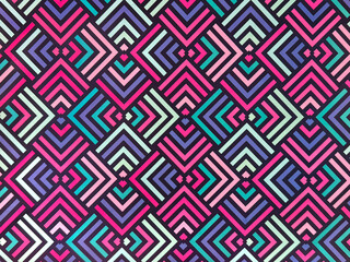 Graphic background illustration of random diamond and chevron shape with purple, blue, pink, and magenta colors. Abstract geometrical pattern. Optical illusion. Kaleidoscope. Seamless