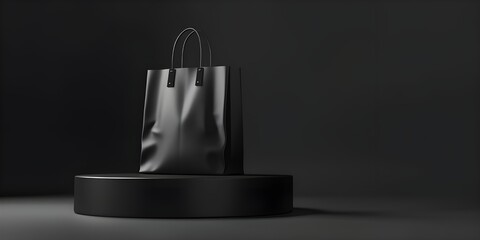 Black Shopping Bag Pedestal Display Luxury E-commerce Copy-Space Right