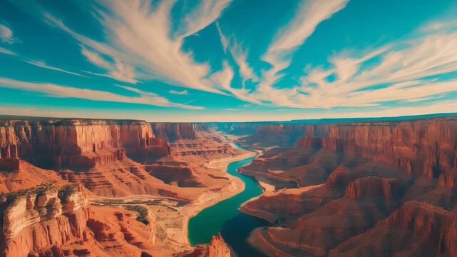 Wide aerial view of a winding river flowing through majestic red rock canyons under a vibrant blue sky filled with clouds showcasing the stunning erosion patterns and textures of the rocky landscape