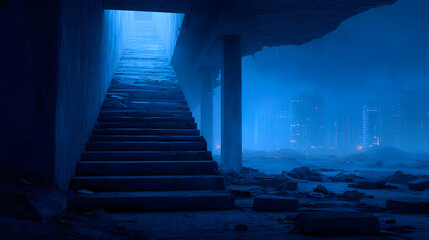 Surreal staircase glowing in blue haze amid urban ruins