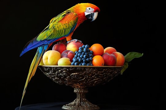Vibrant scarlet macaw parrot perched on an ornate silver fruit bowl filled with apples, grapes and pears in dramatic lighting