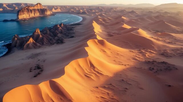 Aerial view of vast golden sand dunes gently sculpted by wind contrasting with the calm blue ocean and rocky cliffs in the distance during the golden hour near the coastline showcasing patterns and