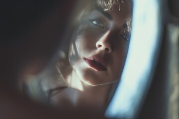 Woman's reflection shows details of her features with soft light and artistic blur