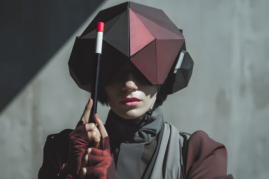 Mysterious woman in geometric headpiece holding black and white wand