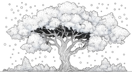 Coloring page of stylized tree with dotted outlines and brushes