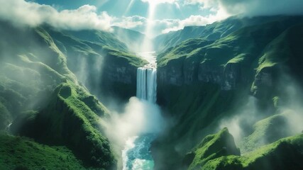 Breathtaking aerial view of a majestic waterfall cascading down lush green cliffs surrounded by mist and soft sunlight illuminating the vibrant landscape creating a serene natural scene. - Powered by Adobe