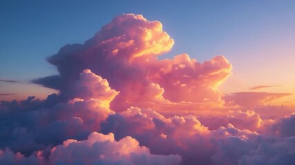 Wide view of majestic fluffy clouds illuminated by warm sunset light with vibrant pink and orange hues blending across the sky showcasing a serene atmospheric landscape gradually transitioning in