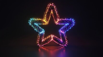 Neon glowing multicolored wireframe star floating above reflective dark surface with dramatic colorful bokeh