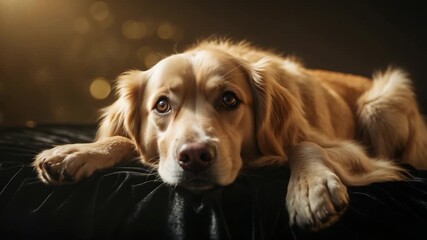 Golden retriever dog lounging on a black velvet surface in a softly lit studio gazing calmly at the camera with warm highlights and silky fur creating a serene and tranquil atmosphere throughout the