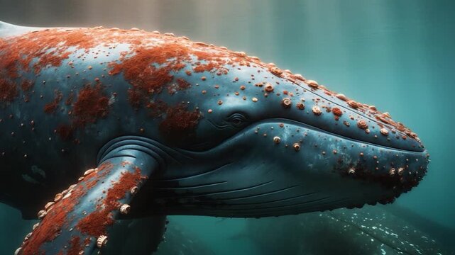 Close-up of a massive blue whale swimming gracefully underwater showcasing its textured skin covered in barnacles and algae surrounded by a serene blue ocean environment with soft lighting and clear