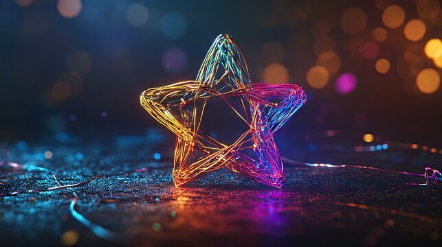 A glowing, wireframe star with a neon effect, illuminated in vibrant colors including blue, purple, pink, and orange