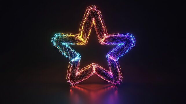 Neon glowing multicolored wireframe star floating above reflective dark surface with dramatic colorful bokeh