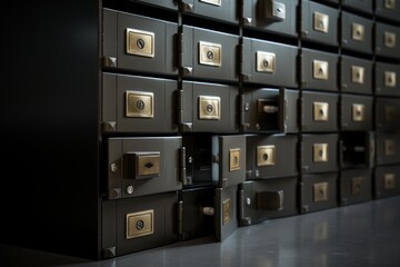 Rows of safe deposit boxes in a bank vault storing valuables and important items