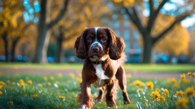 Playful brown spaniel dog running through vibrant yellow flowers on a sunny day in a park surrounded by blurred trees showcasing its fluffy coat and expressive eyes while moving energetically across