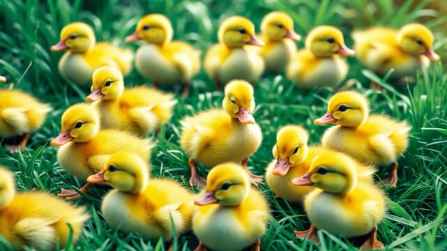 Charming scene of fluffy yellow ducklings waddling through vibrant green grass in a sunny outdoor setting showcasing their playful movements and soft textures at different stages of the video.