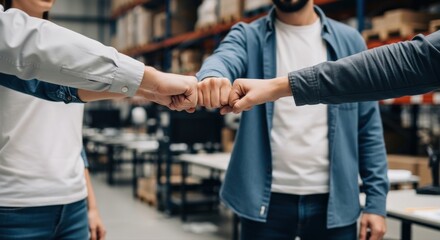Diverse business team celebrates successful project collaboration, sharing a confident fist bump gesture in a modern, dynamic workplace environment