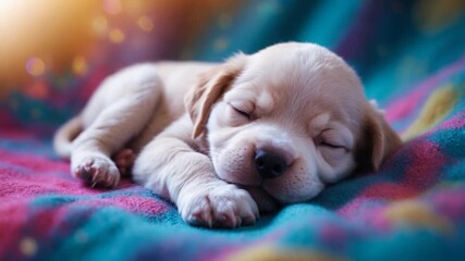 Close-up of adorable light-colored puppy sleeping peacefully on a vibrant multicolored blanket with a soft texture bathed in warm soft light showcasing the serene atmosphere from beginning to end.