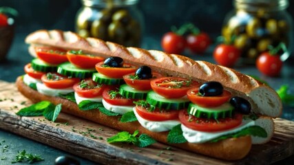 Vibrant close-up of a fresh vegetable sandwich with layers of green cucumber red tomato and black olives on a wooden cutting board surrounded by cherry tomatoes and jars of olives illuminated by soft - Powered by Adobe